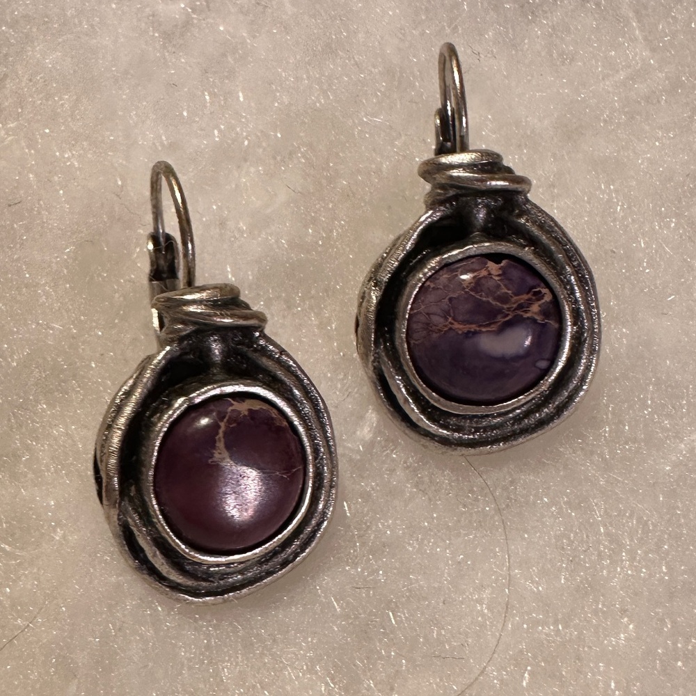 Purple silver tone lever back earrings